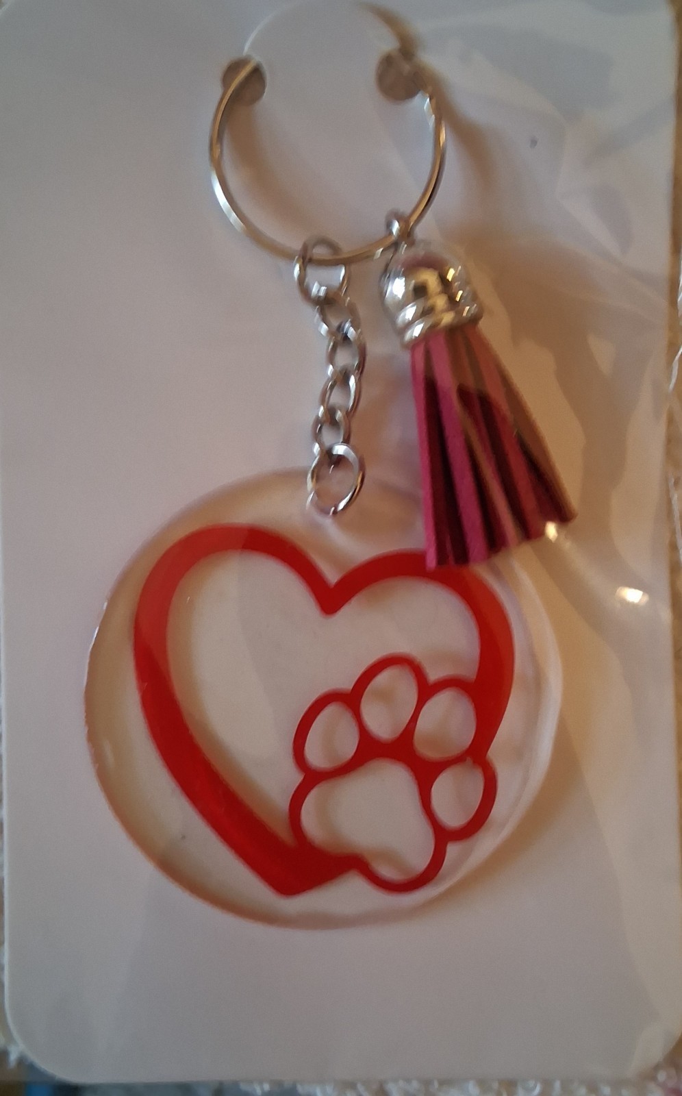 Red & White Heart Paw Print Acrylic Keychain w/ Tassel