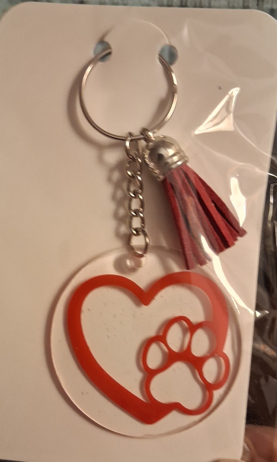 Red & White Heart Paw Print Acrylic Keychain w/ Tassel - photo 2