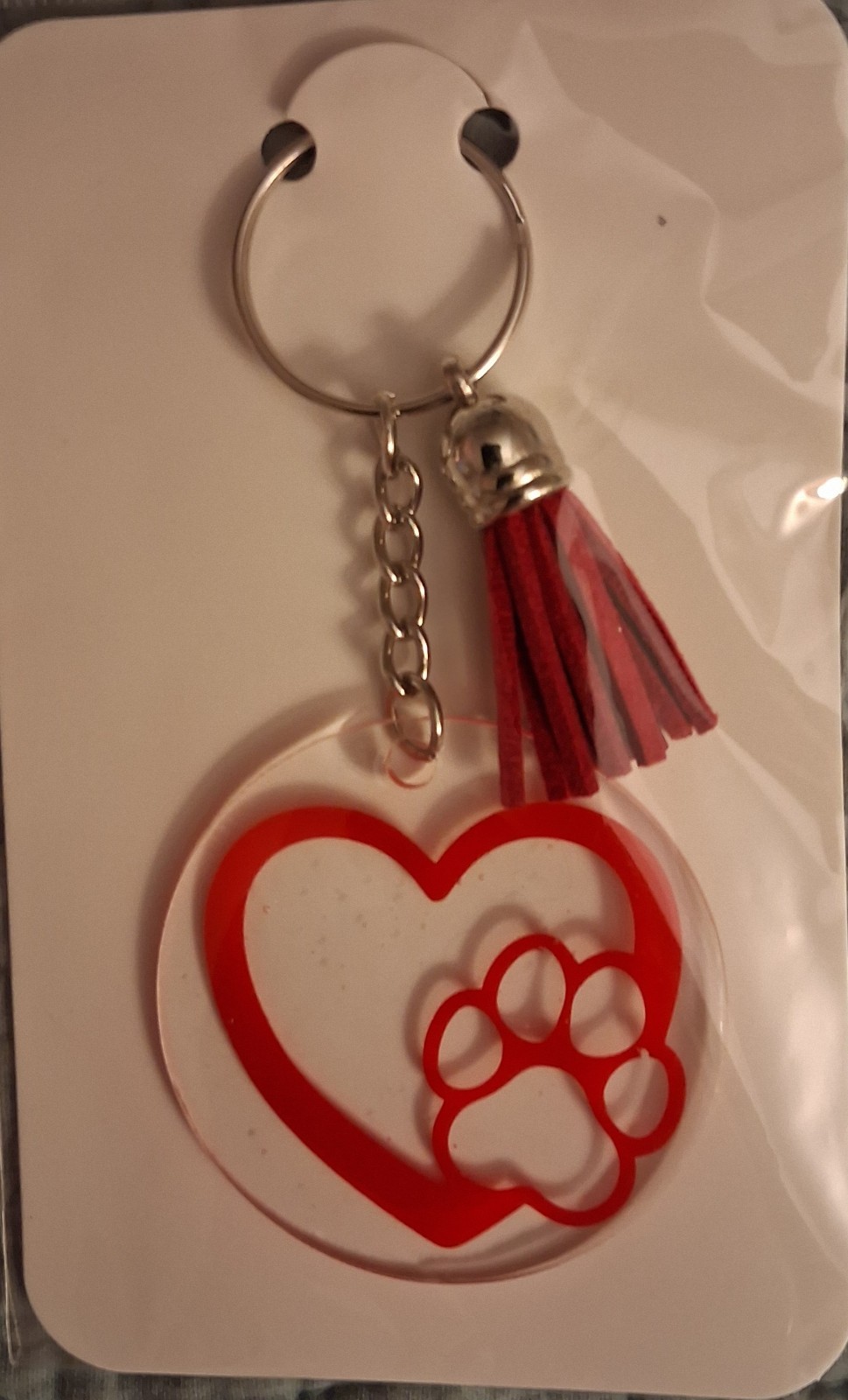 Red & White Heart Paw Print Acrylic Keychain w/ Tassel - photo 3