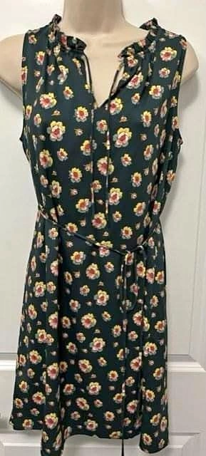 LOFT Dark Green Floral Tie Waist Dress ~ S Petite ~ NWT⚽️