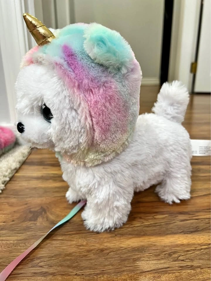 White Plush Dog Toy with Rainbow Unicorn Hood and Leash
