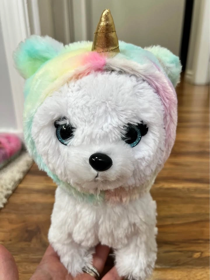 White Plush Dog Toy with Rainbow Unicorn Hood and Leash - photo 2