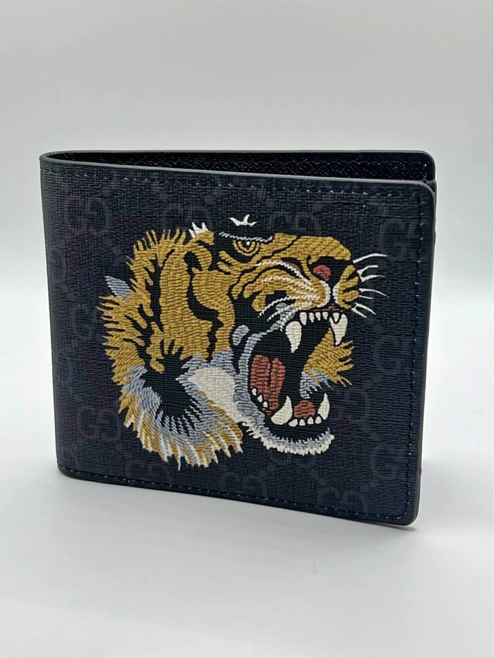 (💲80)Gucci Men's Leather Bifold Wallet GG Supreme Tiger Design