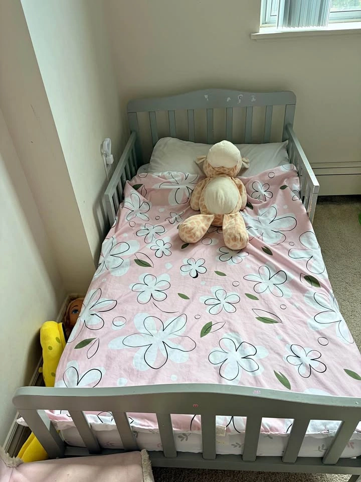 Grey Wooden Toddler Bed with mattress