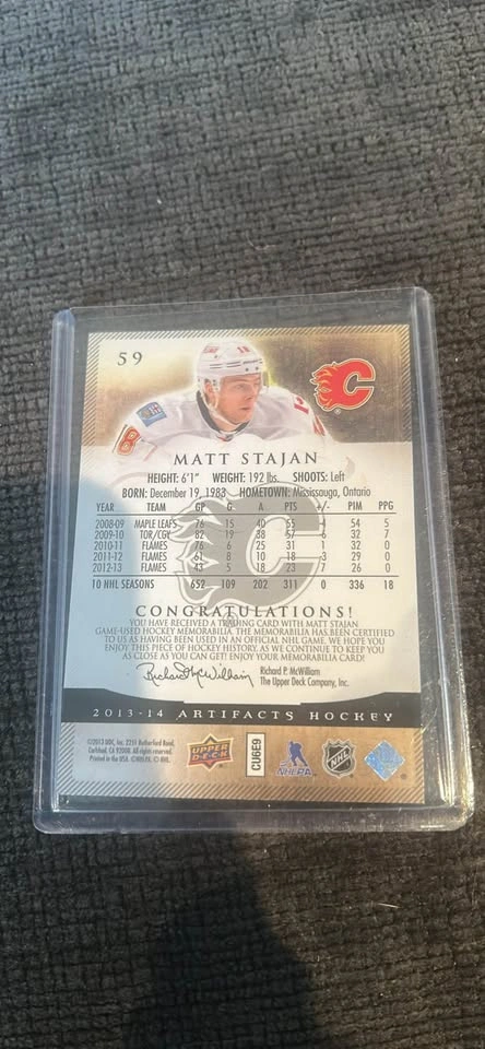 2013-14 Upper Deck Artifacts Matt Stajan Dual Relic Hockey Card - photo 2