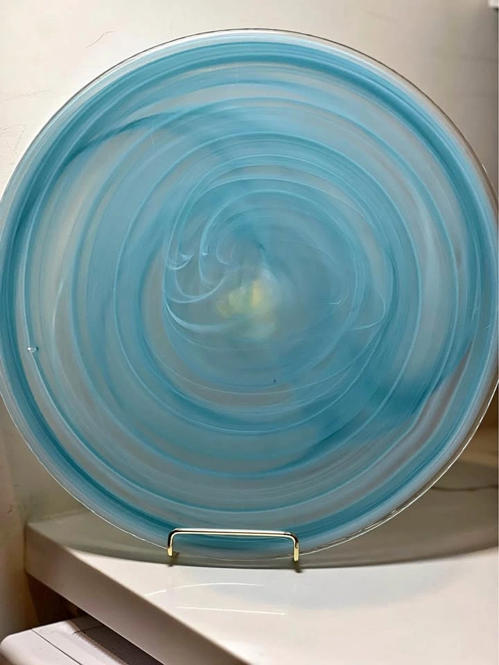 Vintage Blue Alabaster Swirl Art Glass Platter 11.75” ⚽️