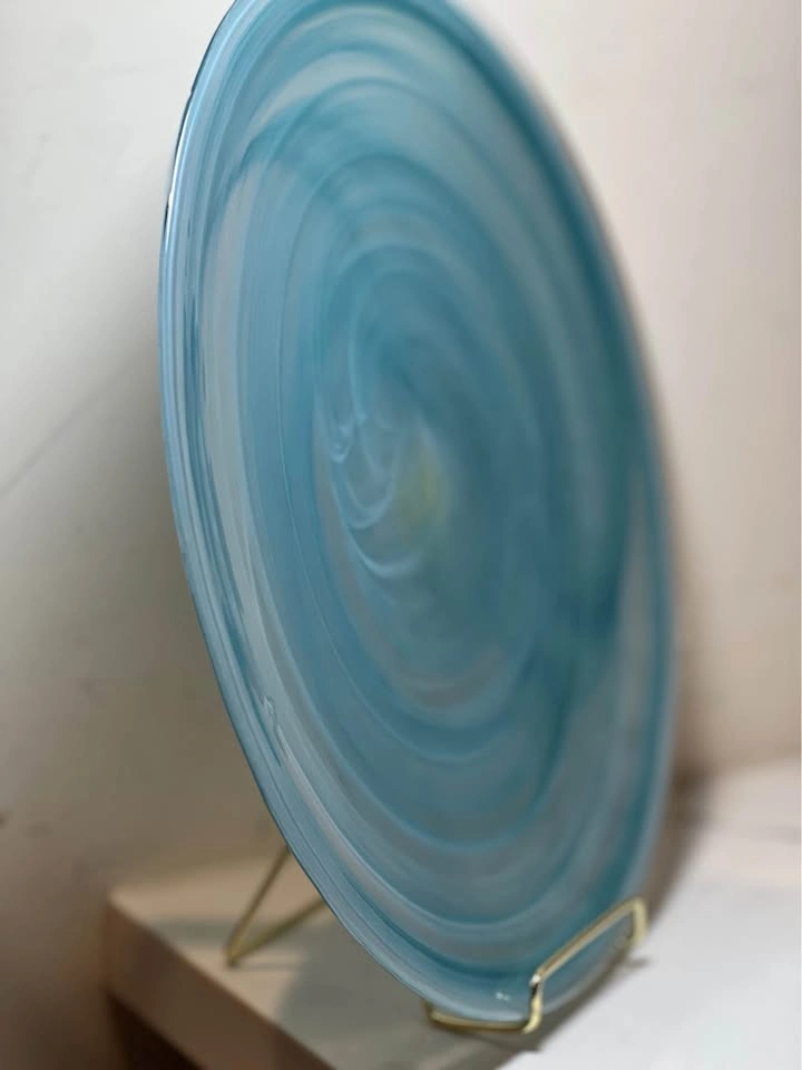 Vintage Blue Alabaster Swirl Art Glass Platter 11.75” ⚽️ - photo 3