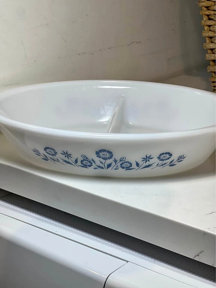 Vintage Glasbake Blue Floral Divided Casserole Dish - 1.5 QT⚽️