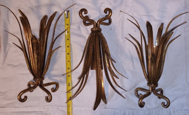 3 Hollywood Regency Gold Gilded Wheat Sheaf Metal Brass Candles