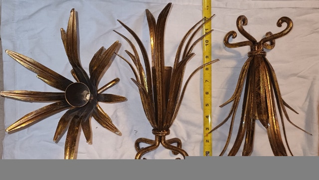 3 Hollywood Regency Gold Gilded Wheat Sheaf Metal Brass Candles - photo 2