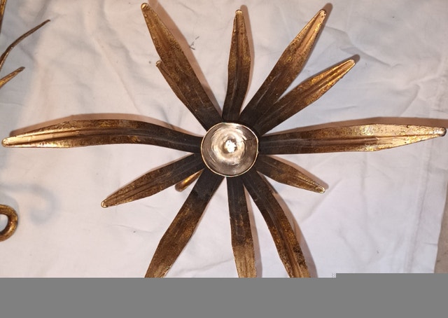 3 Hollywood Regency Gold Gilded Wheat Sheaf Metal Brass Candles - photo 3
