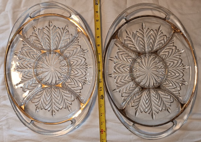 2 Jeanette Feather Gold Trim 5 Section Handled Relish Tray
