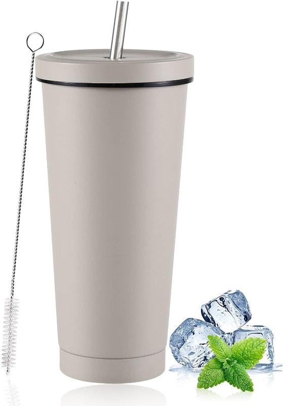 NEW Iced Coffee Tumbler Lid & Straw, 25 oz Insulated SS Cup
