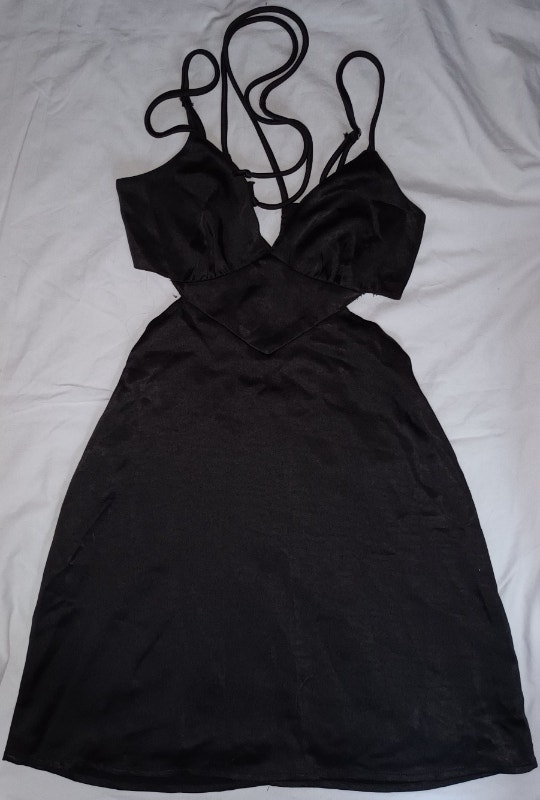 NEW Sky to Moon Women's Small Black Satin, Open Back Strap Dress - photo 2