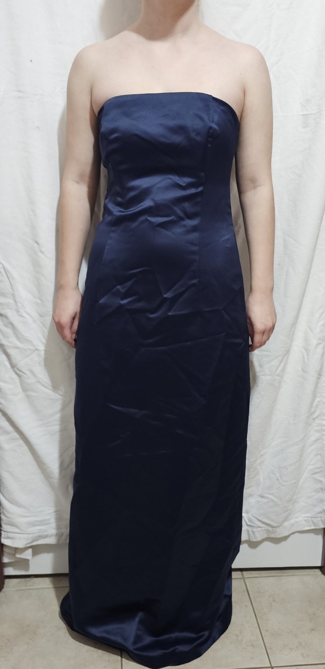 Women's Size 6 Navy Blue Strapless Satin A-Line & Shawl Dress