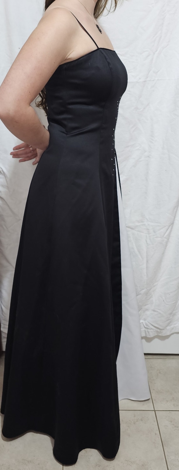 Women's Size 6 Maxi Satin Black w White Rhinestone Dress - photo 3