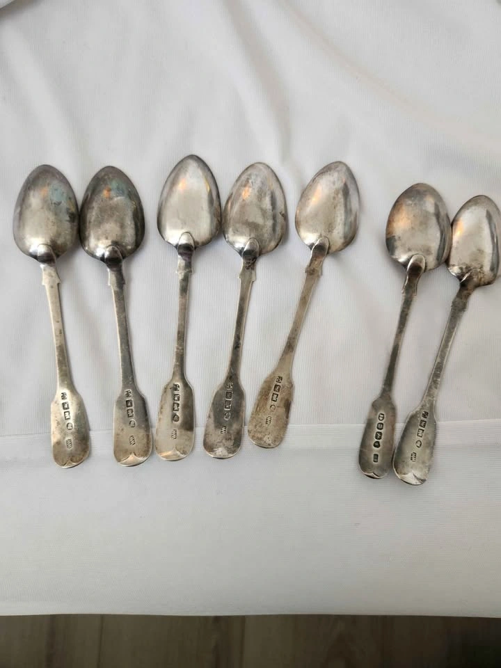 Set of 7 Sterling Silver Teaspoons, Rare Exeter Assay 1823 - photo 3