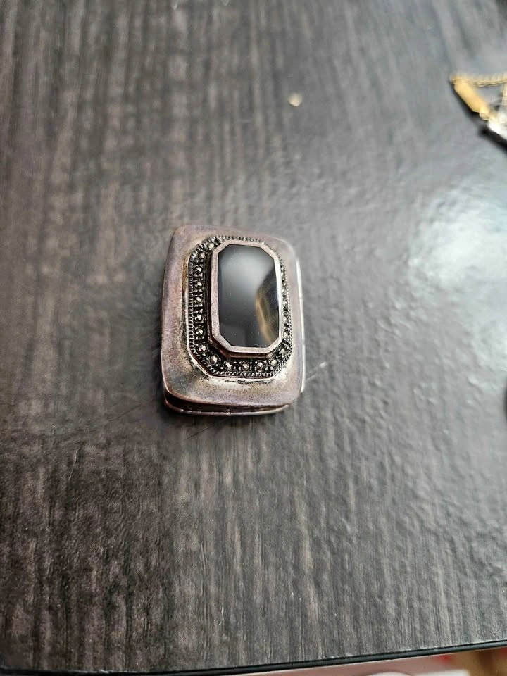Vintage Sterling Pill Box, Black Onyx and Marcasite
