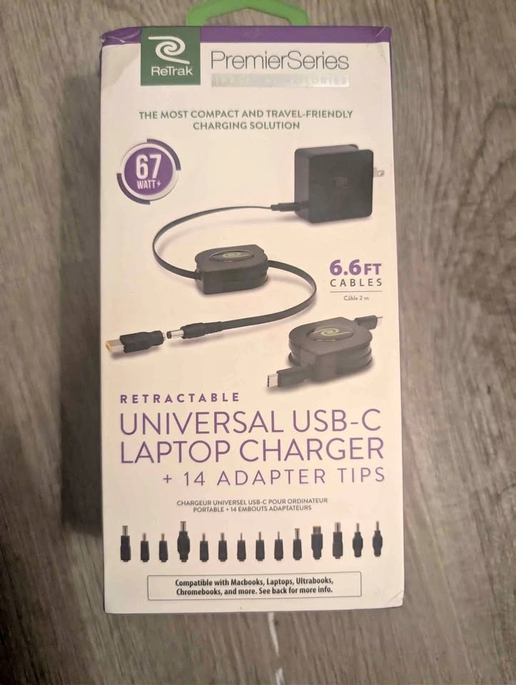 ReTrak Premier Series Retractable Universal USB-C Laptop Charger