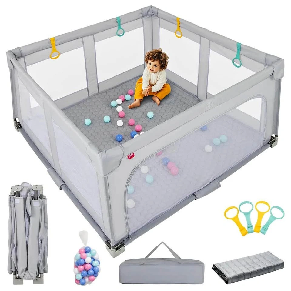 Large Foldable Baby Playpen w/ Mat, 50 Ball Pit Balls & Rings