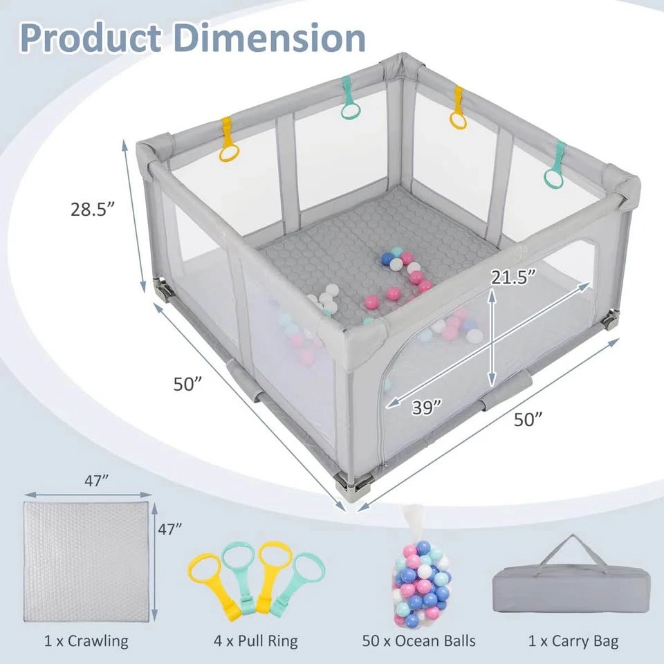 Large Foldable Baby Playpen w/ Mat, 50 Ball Pit Balls & Rings - photo 3