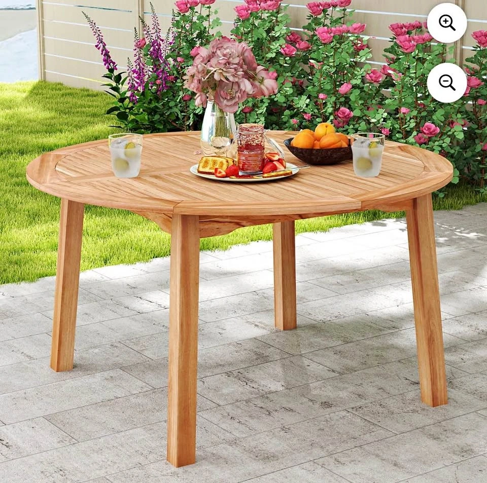 Acacia Wood Round Patio Dining Table w/ Umbrella Hole - Open Box