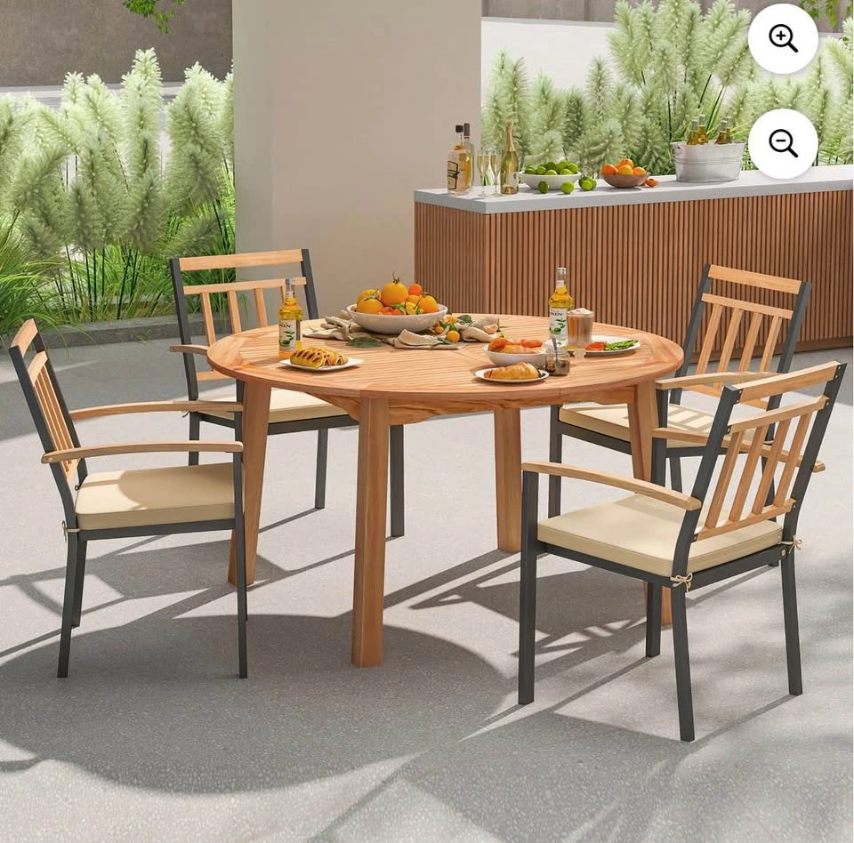 Acacia Wood Round Patio Dining Table w/ Umbrella Hole - Open Box - photo 3