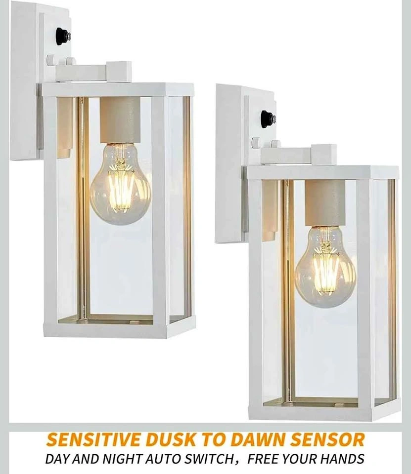 NEW - White Outdoor Wall Sconces with Dusk to Dawn Sensor (Set o