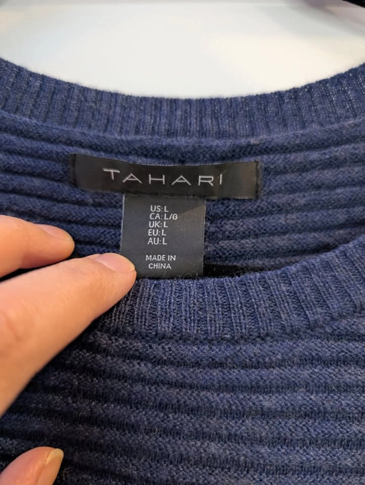 Tahari Navy Blue Ribbed High-Low Merino Wool Sweater Size Large - photo 2