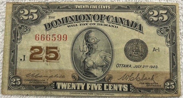 1923 Dominion of Canada 25 Cents Shinplaster Note A1 Prefix
