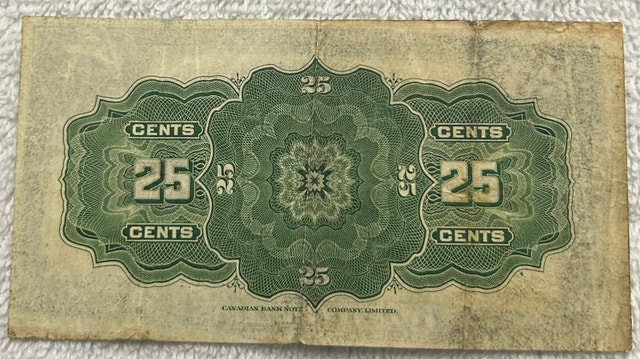 1923 Dominion of Canada 25 Cents Shinplaster Note A1 Prefix - photo 2