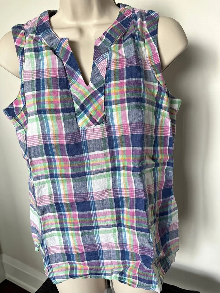 Talbots 100% Linen Multicolour Plaid Popover - Small Petite⚽️