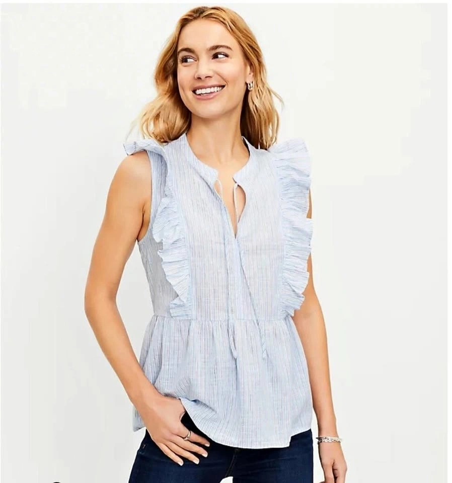 LOFT Striped Ruffle Sleeve Tie Front Blouse ~ Size S ⚽️