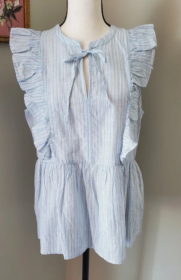 LOFT Striped Ruffle Sleeve Tie Front Blouse ~ Size S ⚽️ - photo 4