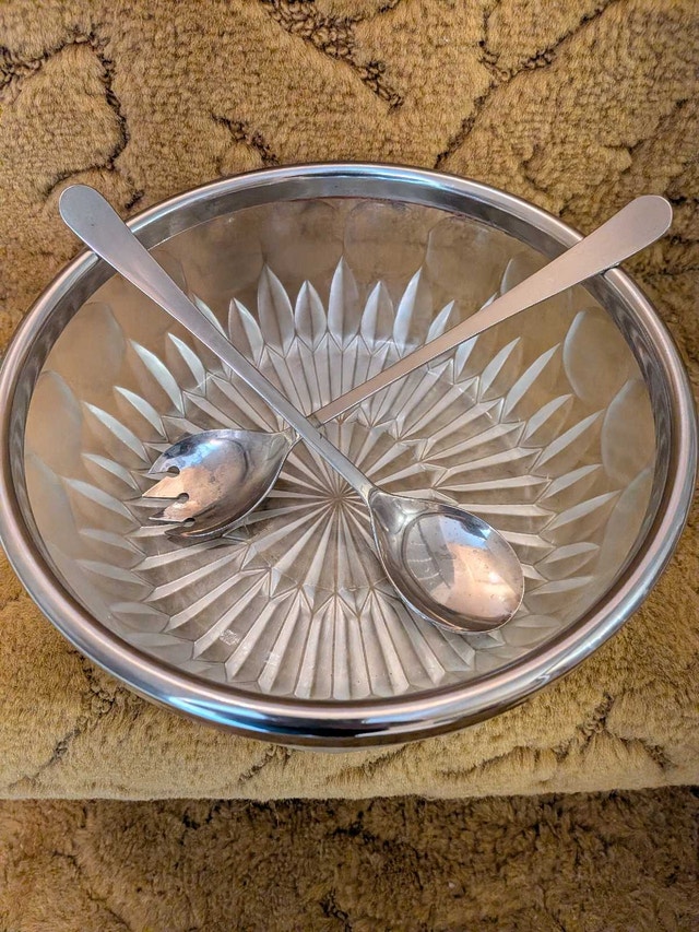 Crystal Salad Bowl with Serving Utensils