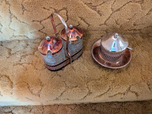 Vintage Crystal and Silver Plated Condiment Set