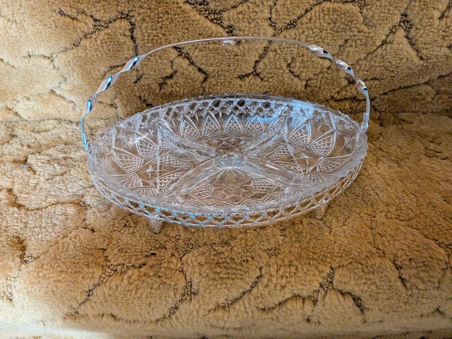 Crystal Serving Dish with Metal Handle