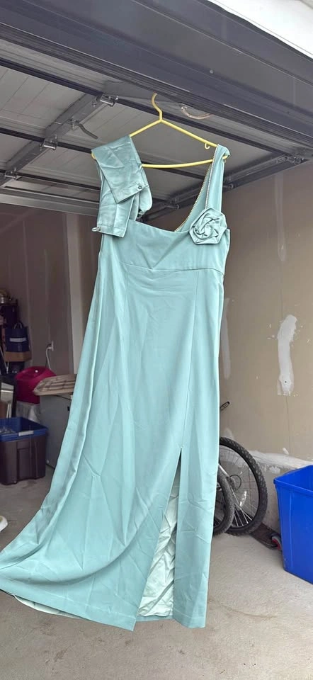 Light Blue Formal Dress with Matching Shawl and Slit