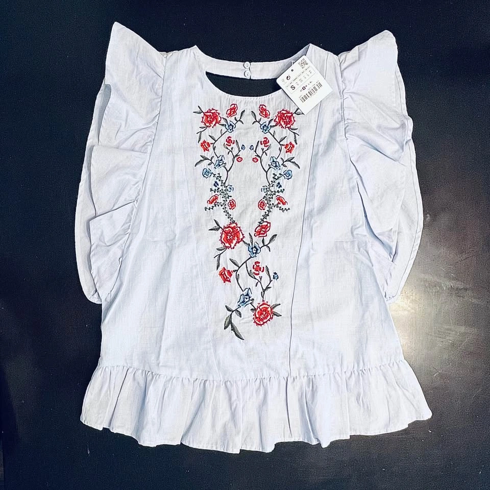 Zara Light Blue Beaded Floral Embroidery Ruffle Blouse