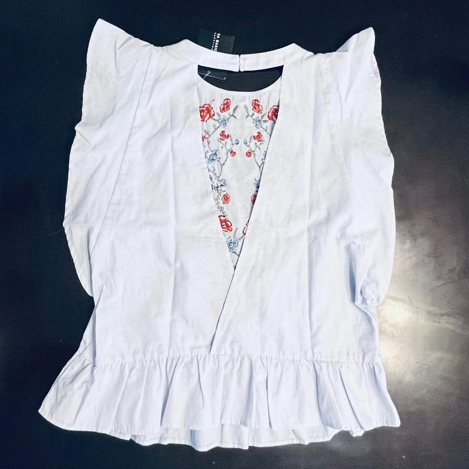 Zara Light Blue Beaded Floral Embroidery Ruffle Blouse - photo 2