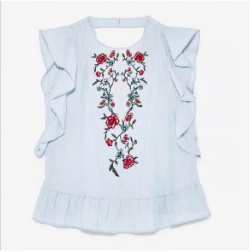 Zara Light Blue Beaded Floral Embroidery Ruffle Blouse - photo 5