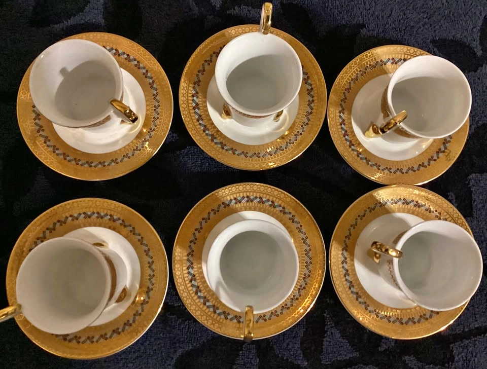 12 Pcs. Heavy Gold Plated footed TeaCups & Saucers. China made