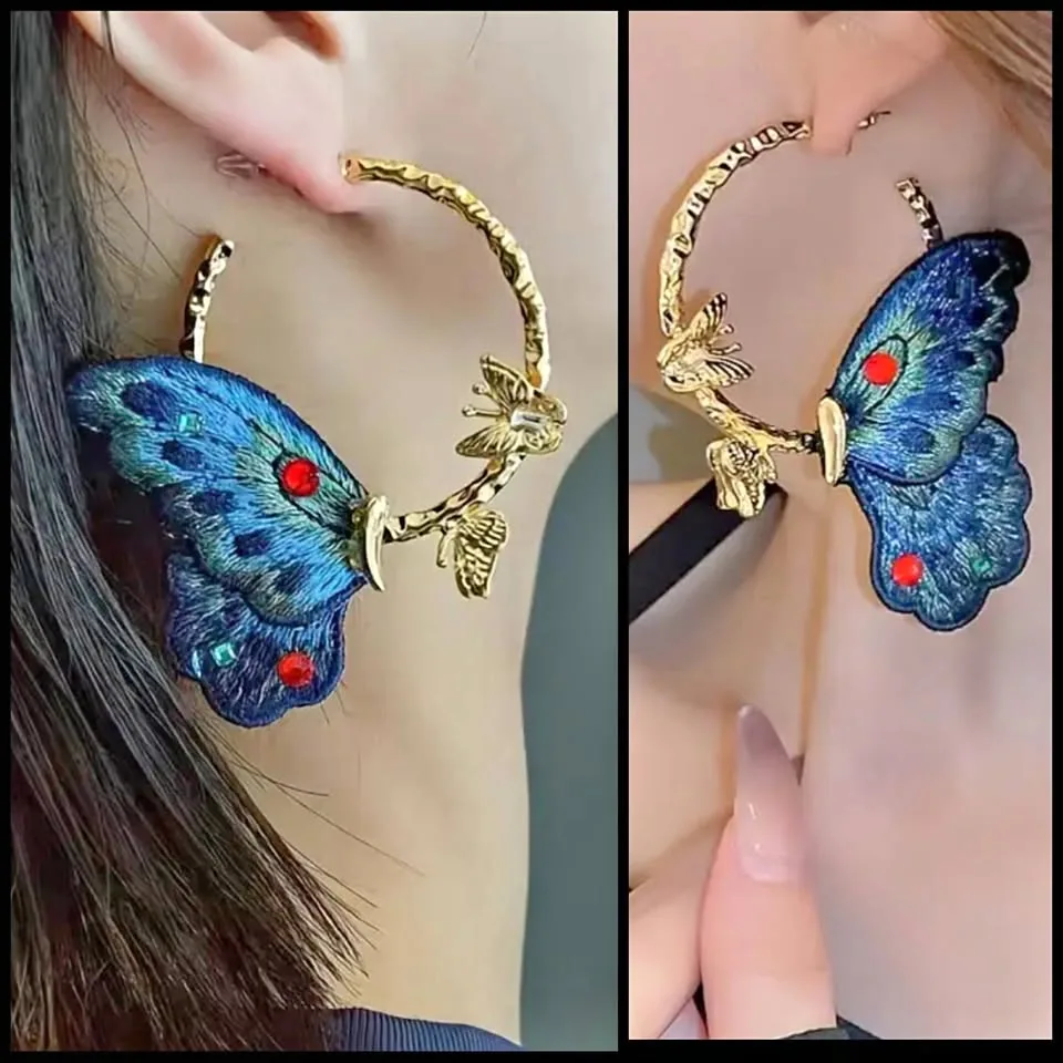 Chunky Gold Hoop Earrings Large Embroidered Blue Butterfly 🦋💙 thumbnail