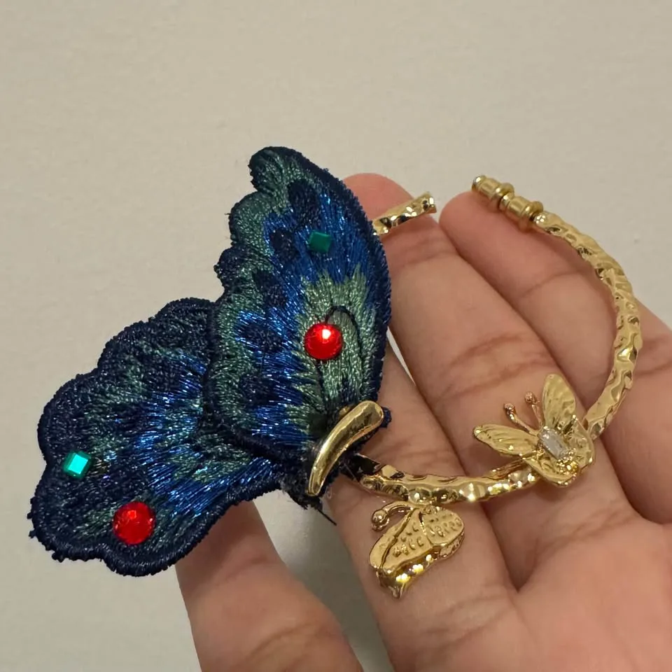 NEW 🧡 Chunky Gold Hoop Earrings Large Embroidered Blue Butterfly image indicator(2)