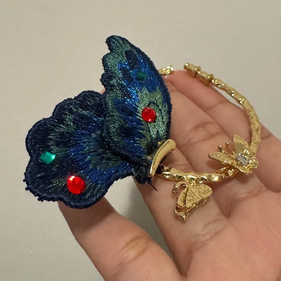 NEW 🧡 Chunky Gold Hoop Earrings Large Embroidered Blue Butterfly image indicator(3)