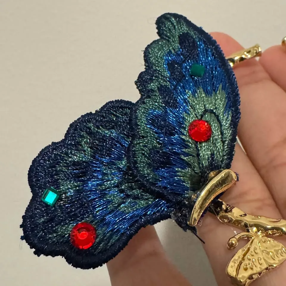 NEW 🧡 Chunky Gold Hoop Earrings Large Embroidered Blue Butterfly image indicator(5)