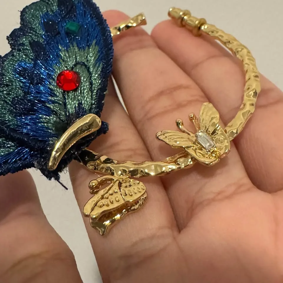 NEW 🧡 Chunky Gold Hoop Earrings Large Embroidered Blue Butterfly image indicator(6)