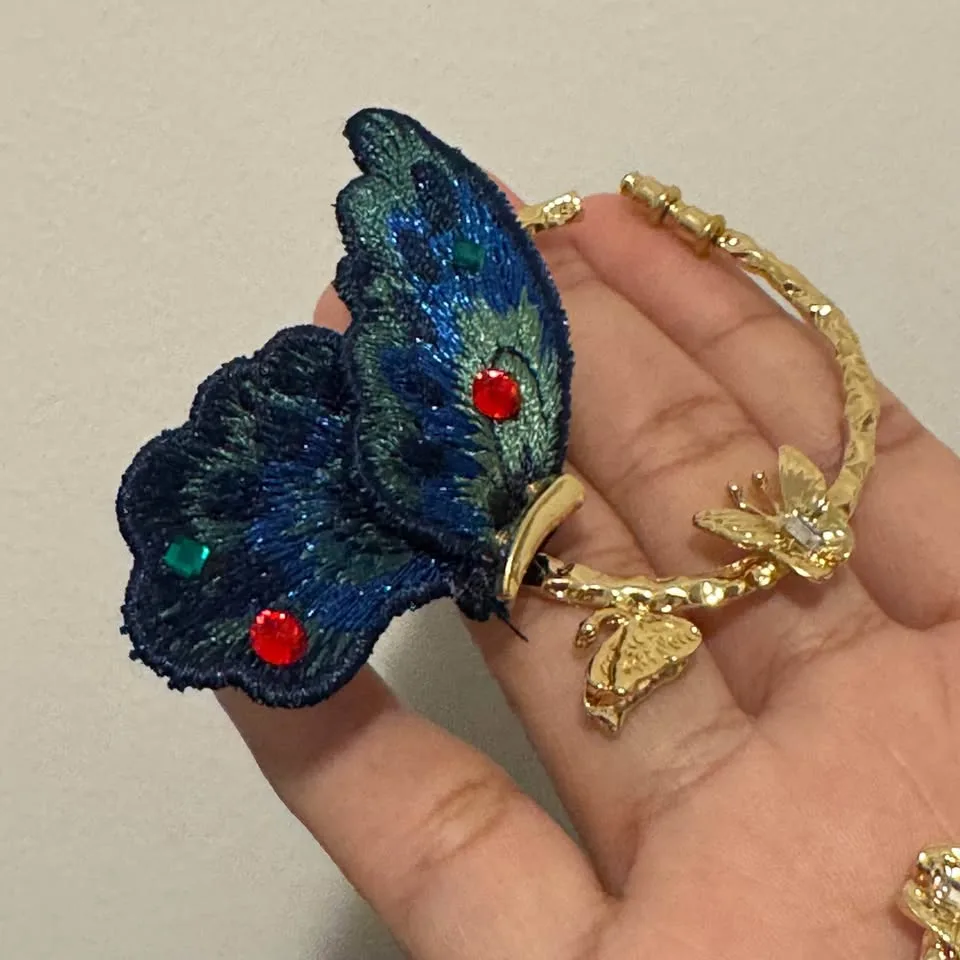 NEW 🧡 Chunky Gold Hoop Earrings Large Embroidered Blue Butterfly image indicator(8)