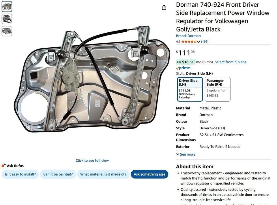 Dorman Window Regulator VW Golf/Jetta Black thumbnail