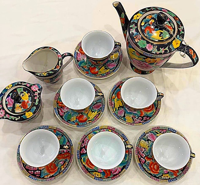 Famile Noir Floral hand painted porcelain 17 Pieces tea set